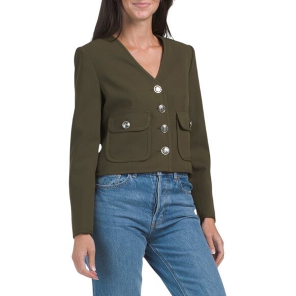 ELIE TAHARI Button Down V-neck Cropped Long Sleeve Sweater With Flap Patch Pocke - Picture 1 of 2